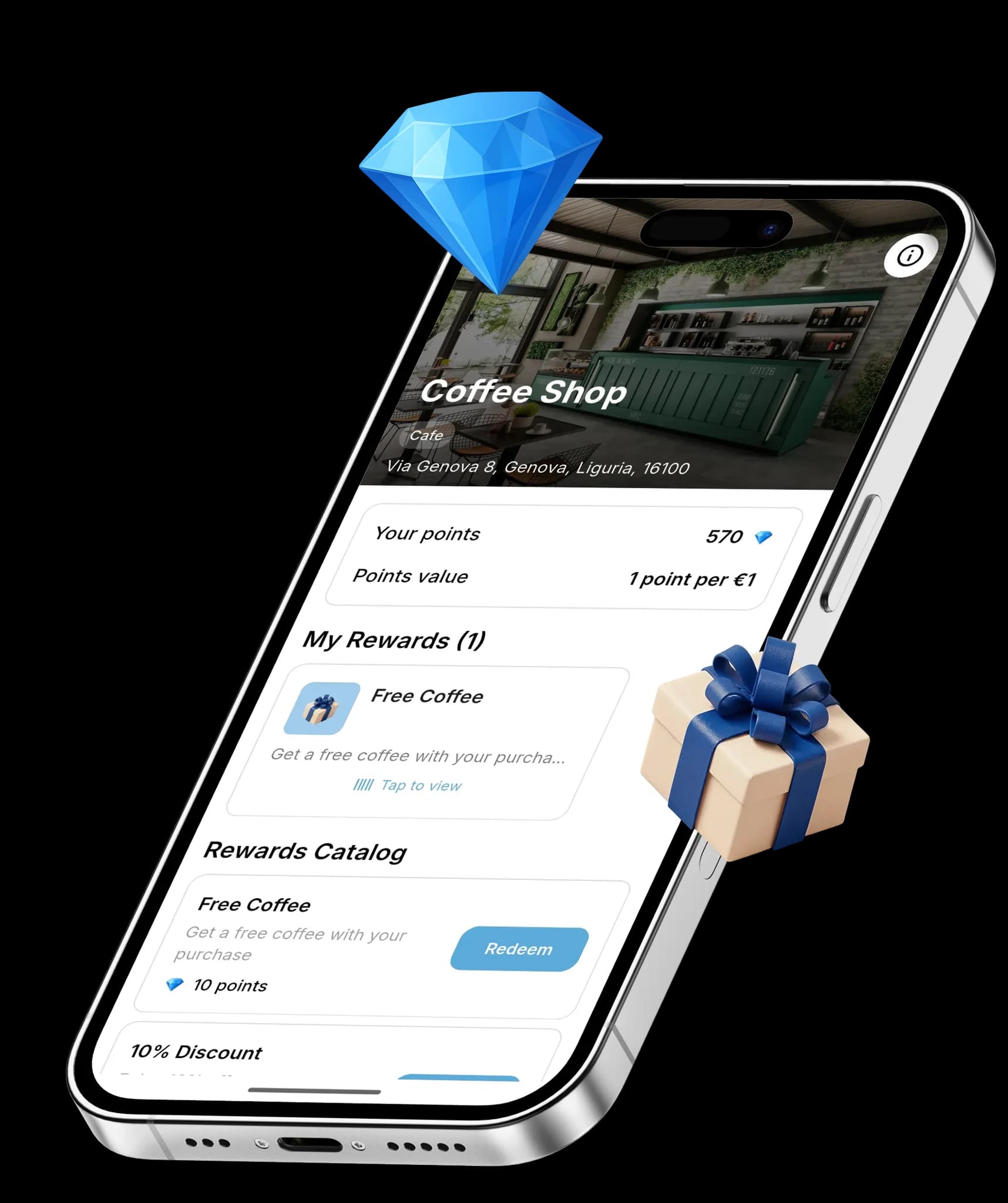 Fedele loyalty program mobile app interface showing customer rewards dashboard
